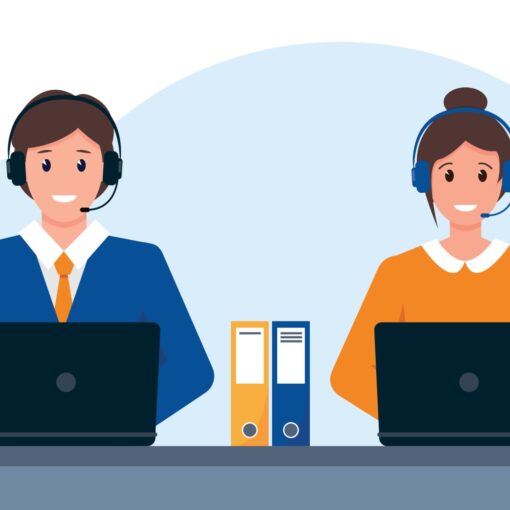 Cartoon image of two people, one man and one woman, wearing headsets and sitting at computers