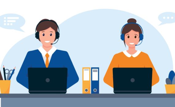 Cartoon image of two people, one man and one woman, wearing headsets and sitting at computers